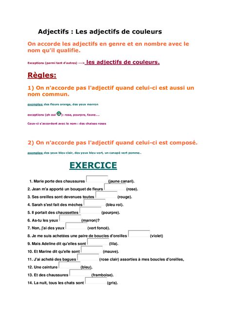 Les Adjectifs De Couleurs Alloschool