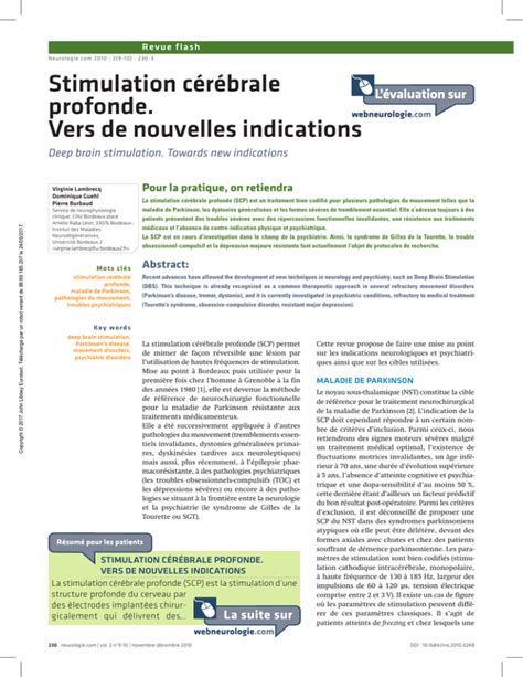 Stimulation C R Brale Profonde Vers De Nouvelles Indications