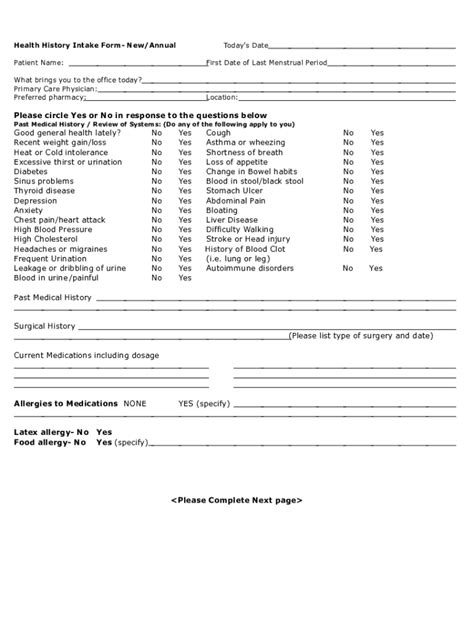 Fillable Online Health History Intake Form New Annual Todays Date