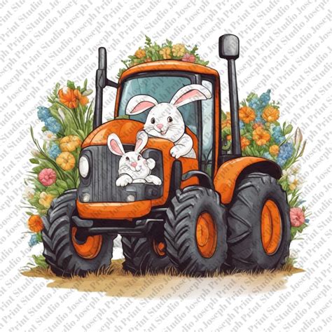 Happy Easter Tractor With Bunny Flowers And Carrot Png Hand Drawing