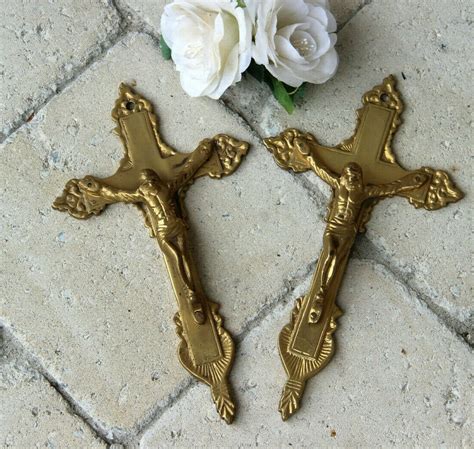 Pair Antique French Bronze Crucifix Crosses Religious Etsy