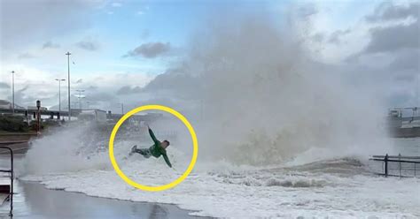 Horror Moment Storm Ciaran 25 Foot Wave Smashes Into Man Amid Monster