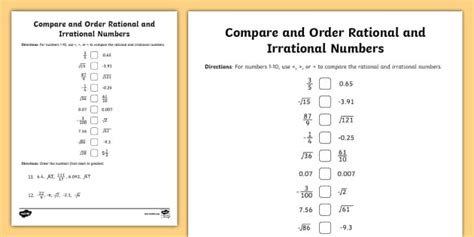 Eighth Grade Compare And Order Rational And Irrational Numbers Activity