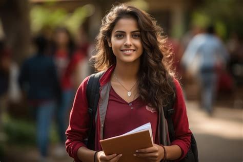 Young Indian College Girl Holding Backpack And Books And Giving Happy Expression Premium Ai