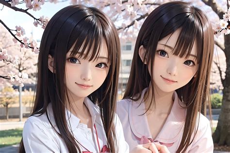 春の桜の下に立つ日本の女子中学生のアニメ風ポートレート 彼女は横を見ている 彼女の長い茶色の髪が風になびく 少女は穏やかな表情をしている