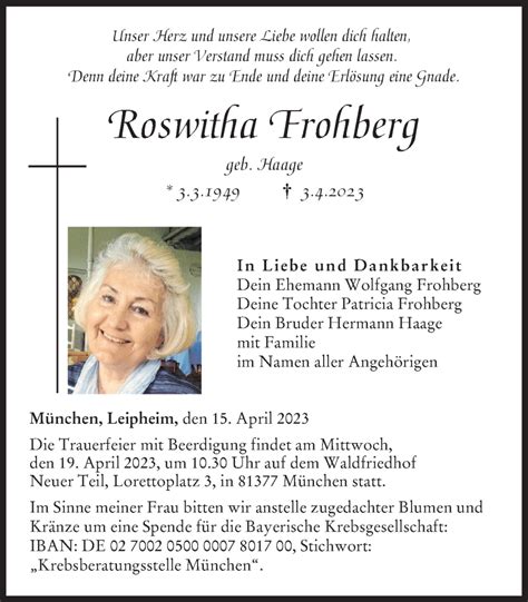 Traueranzeigen Von Roswitha Frohberg Augsburger Allgemeine Zeitung