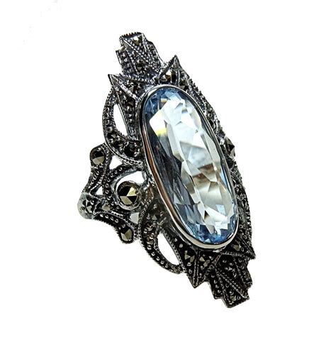 Jugendstil Sterling Silber Aquamarin Ring Mit Markasit In Rings