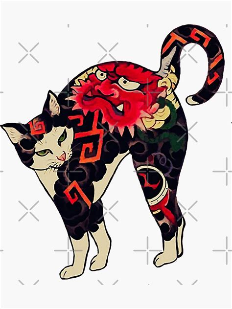 Dark Grey Antique Japanese Woodblock Print Cat With Flower Tattoos Sticker For Sale By