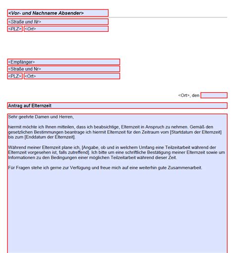 Antrag Auf Elternzeit Beschreibbare Pdf Vorlage Kostenlose Vordrucke