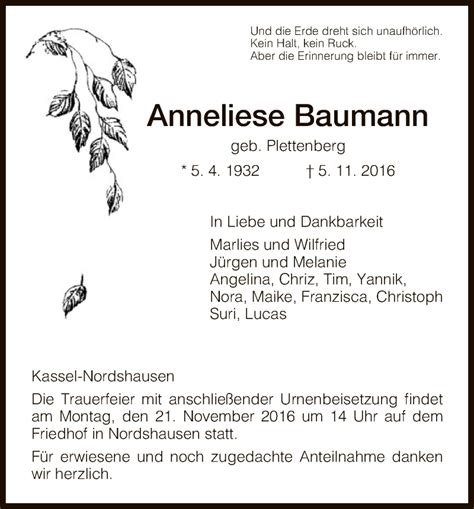 Traueranzeigen Von Anneliese Baumann Trauer HNA De