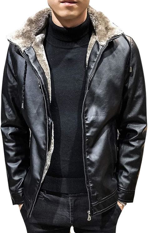 Winter Mens Leather Jacket Lapel Hooded Classic Zipper With Thickness Warm Outerwear Fashion