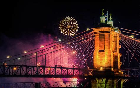 Fireworks Bursting Over Cincinnati Bridge Photograph by Art Spectrum