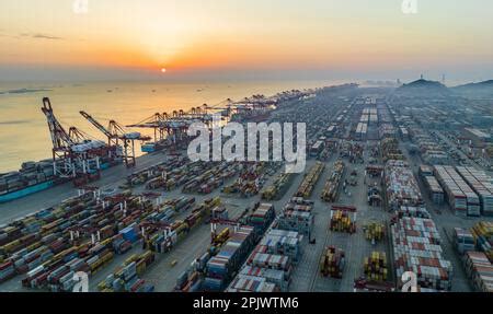 Aerial Photo Shows Large Container Vessels Berthing At Yangshan Deep