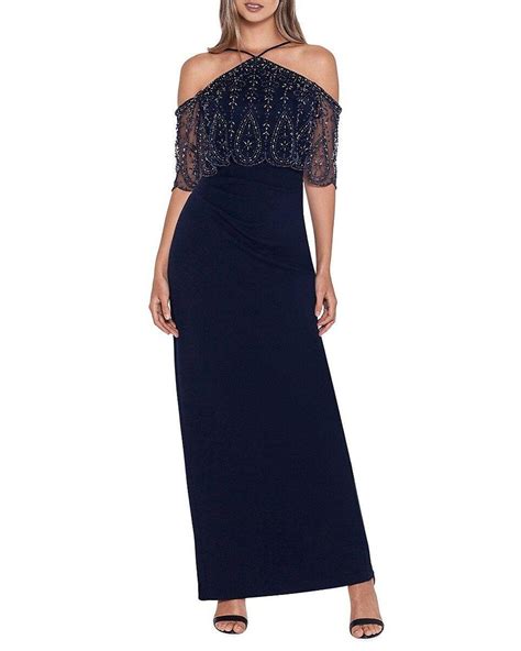 Xscape Beaded Scuba Halter Column Gown In Blue Lyst