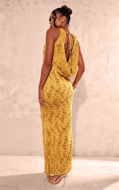 Chartreuse Woven Textured Cowl Neck Maxi Dress Dresses