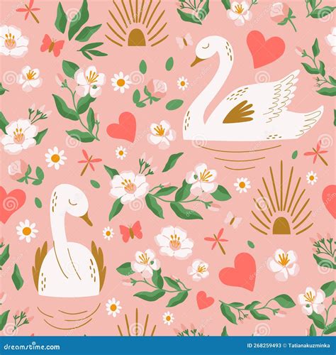 Swan Pattern Cute Swan Couple Pink Seamless Background Floral