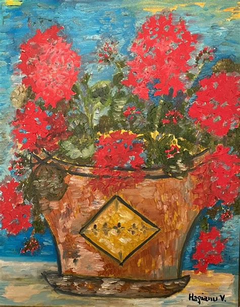 Red Geraniums In Clay Pot By Viorica Hag Painting By Viorica Hagianu