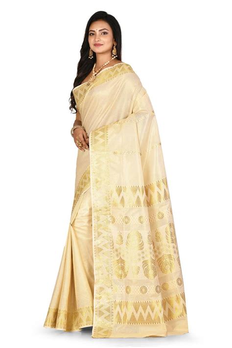 Light Beige Woven Cotton Saree With Blouse Vastram 3487252