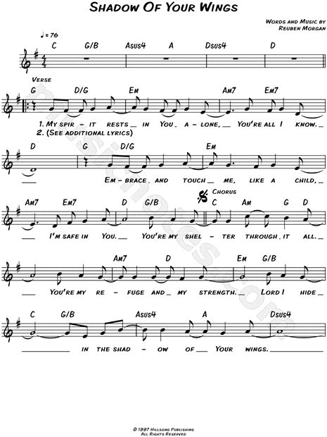 Hillsong Shadow Of Your Wings Sheet Music Leadsheet In G Major