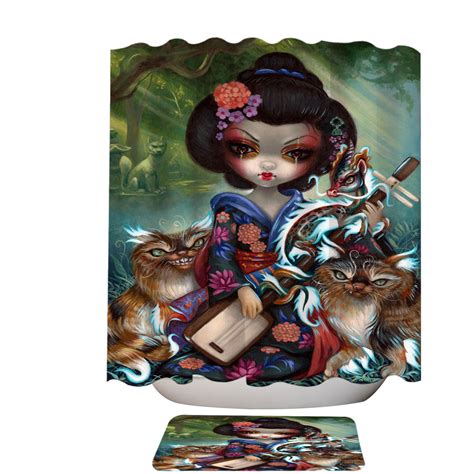 Japanese Fantasy Art Geisha Girl Kirin And Bakeneko Shower Curtain