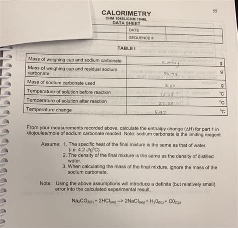 Solved Calorimetry Chm L Chm L Data Sheet Date Chegg