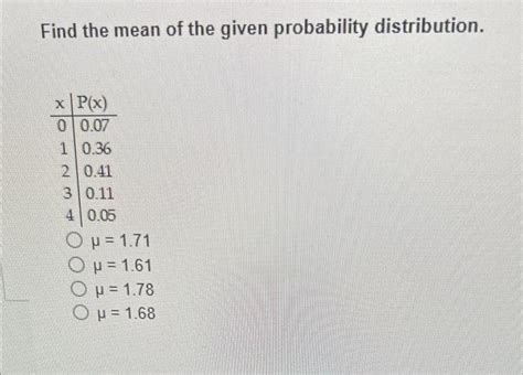 Solved Find The Mean Of The Given Probability Distribution