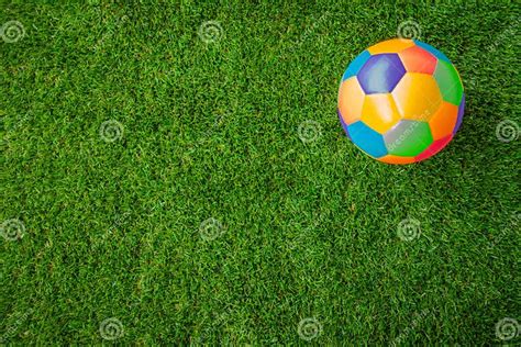 Real Leather Colorful Multi Colour Soccer Ball On Green Grass Stock Image Image Of Grass