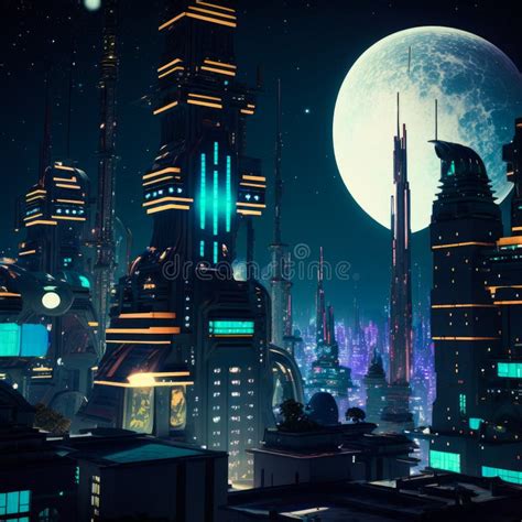 Futuristic City at Night with Full Moon in the Sky. Generative AI Stock ...