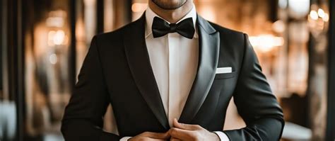 A Man In A Tuxedo Adjusting His Bow Tie In An Elegant Setting Premium