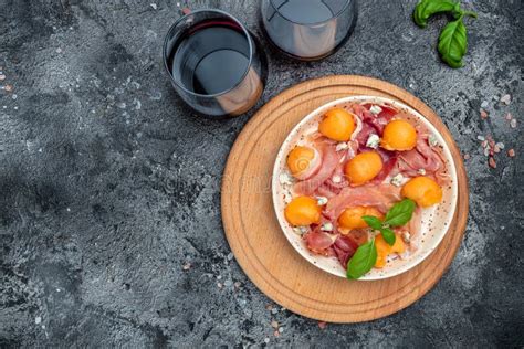 Italian Food With Red Wine Melon And Prosciutto Cantaloupe Melon With