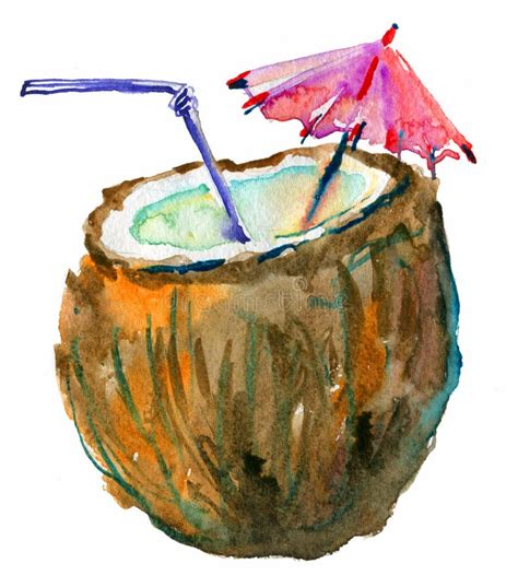 Watercolor Cocktail Drink In Coconut Shell Hand Painted Beach Tropical