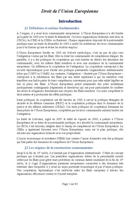 Cours de droit de l Union Europ Ãenne Introduction 1 Définitions et