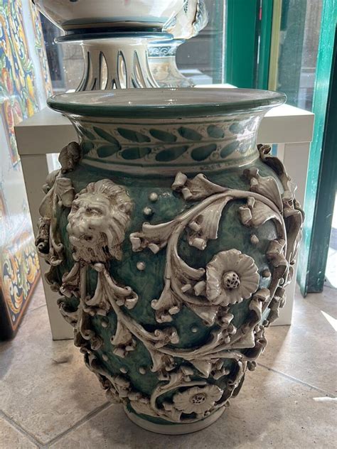 Handmade Sicilian Ceramica Di Caltagirone Umbrella Stand With Aged