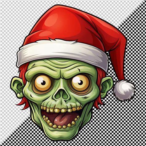 Cabeza de zombi con sombrero rojo de papá noel en un fondo transparente