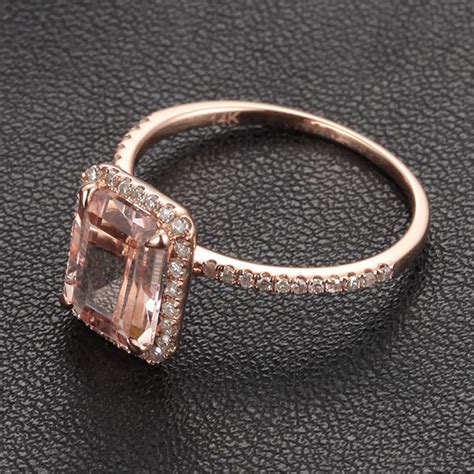 Emerald Cut Morganite Engagement Ring Pave Diamond Halo 14k Rose Gold