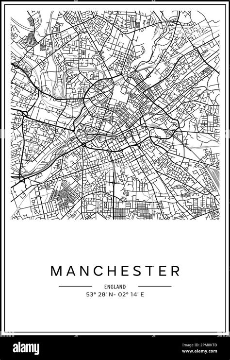 Mapa imprimible en blanco y negro de la ciudad de Manchester diseño de