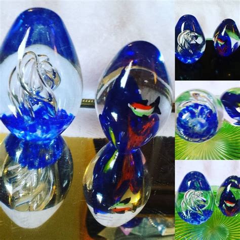 Orb Paperweights Set Of 2 Crystal Oval Balls Both W Cobalt Blue Bases Larger 1 Tubular Swirls