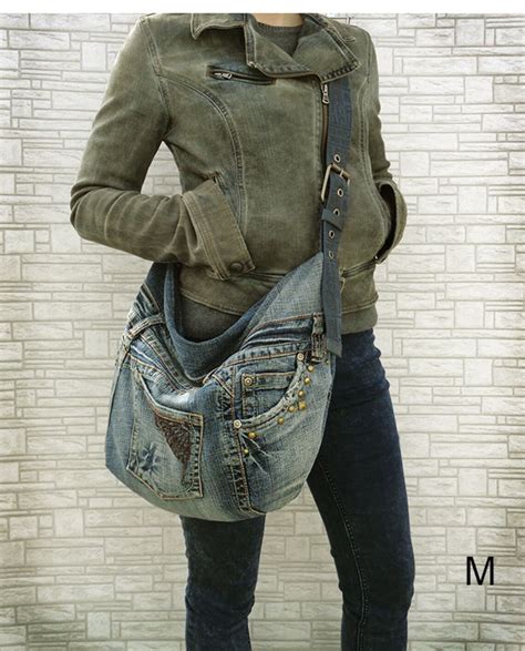 Denim Hobo Bag Slouchy Purse Cross Body Recycled Upcycled Dark Etsy