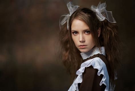 Brunette Maxim Maksimov Wavy Hair Women Hair Bows Maid Outfit