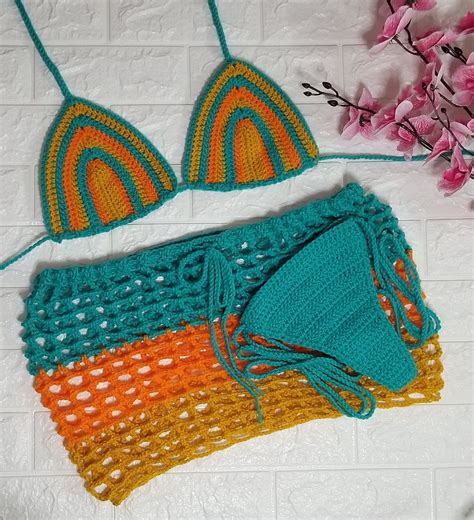 3 Piece Crochet Bikini Coverup Skirt Etsy
