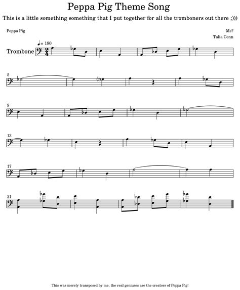 Peppa Pig Theme Song Sheet Music For Trombone