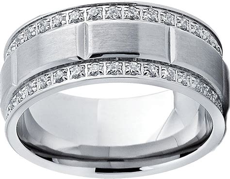 9mm Mens Titanium Wedding Band Ring With Double Row Cubic Zirconia Comfort Fit Size 13