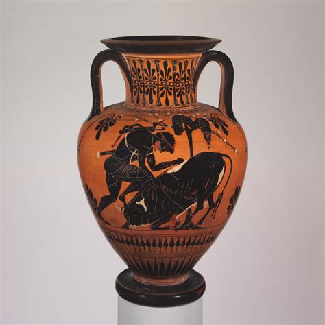Terracotta neck-amphora (jar) with Herakles and a bull | Greek, Attic