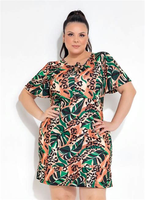 Vestido Onça E Folhas De Mangas Amplas Plus Size Marguerite