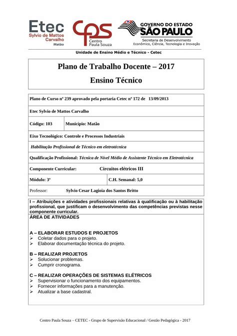 PDF Plano de Trabalho Docente 2017 Ensino Técnico Função Estudos e