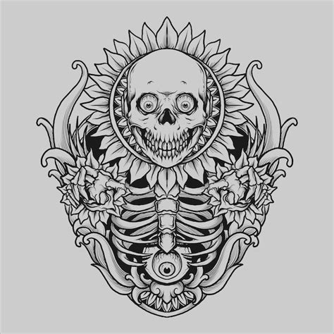 Premium Vector Tattoo And T Shirt Design Skull Sun Flower Engraving