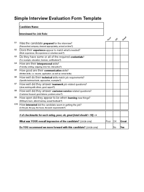 Simple Interview Evaluation Form Template Of Checkmarks For Each Rating Poor Ok Great