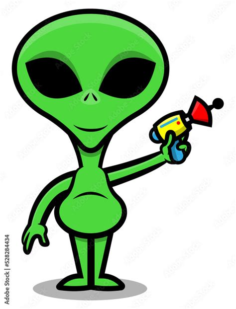 Cartoon Illustration Of Green Alien Holding A Futuristic Laser Gun