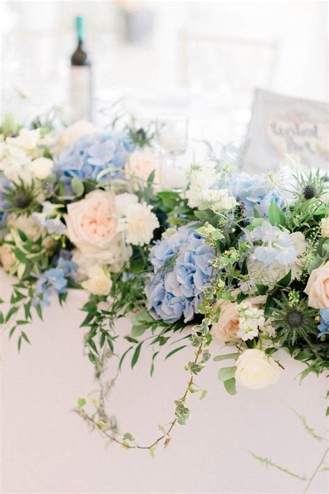 Blue And White Hydrangea Wedding Bouquet And Flowers For A Rustic Barn