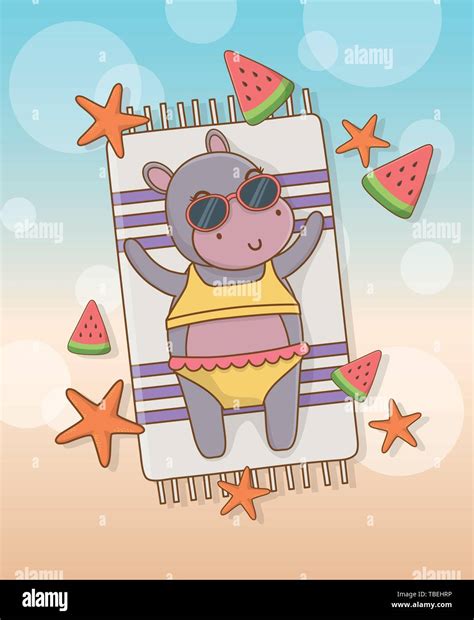 Hippo Cartoon Design Summer Vacation Beach Tropical Tourism And Season